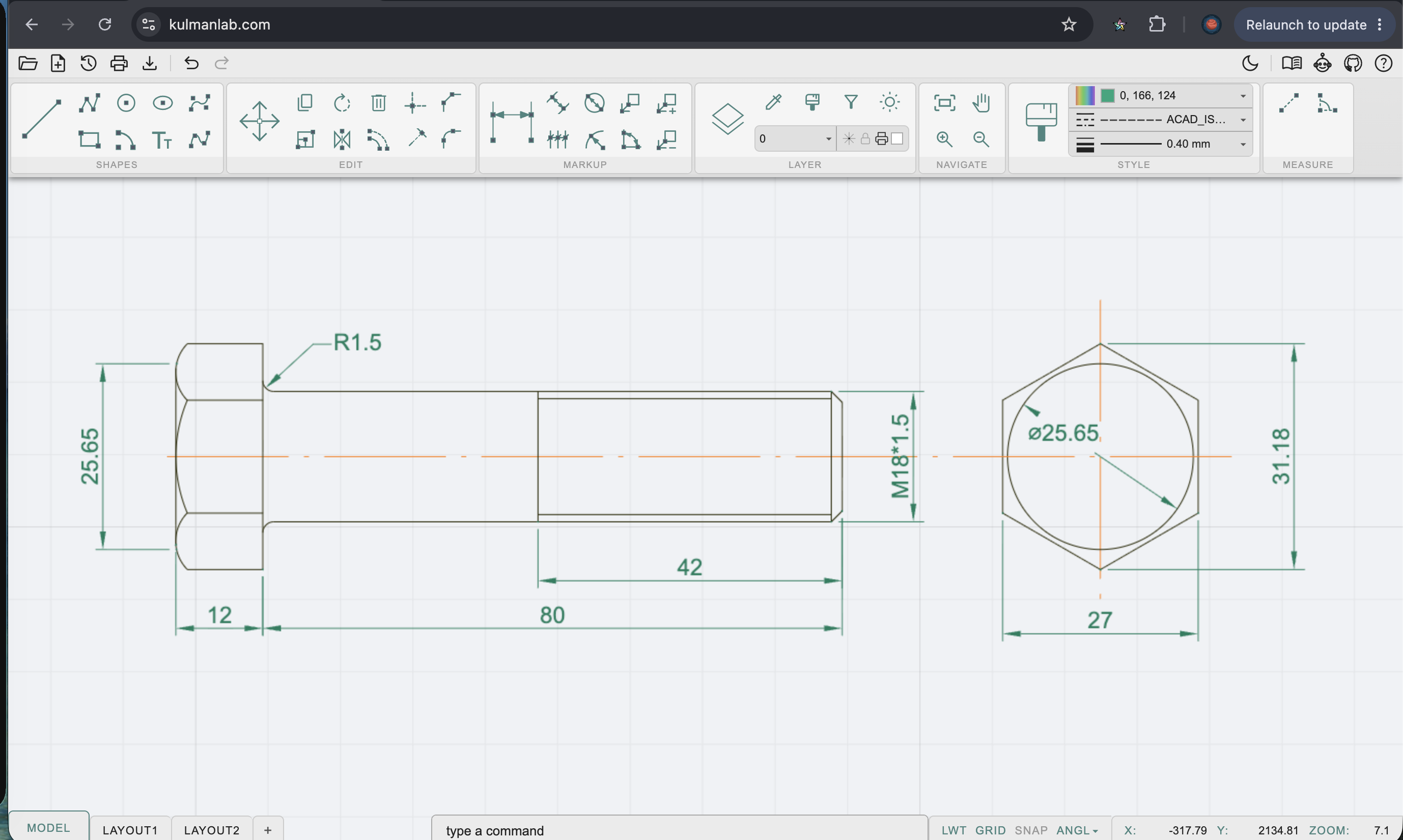 KulmanLab CAD — bolt drawing with layout tabs