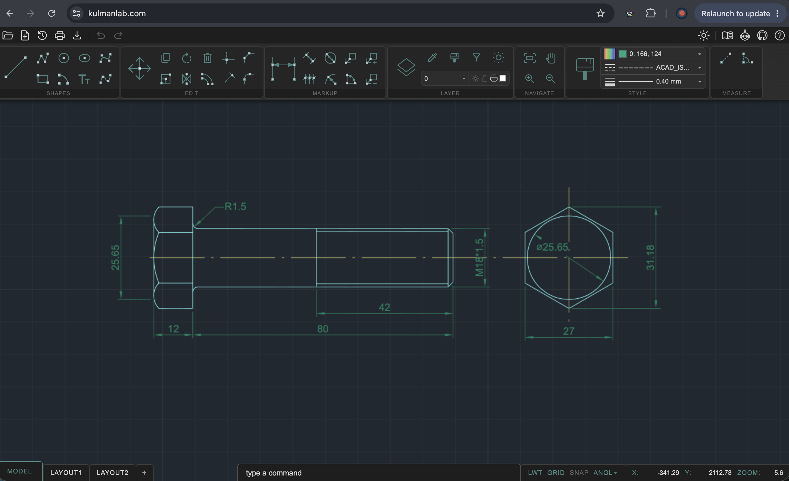 KulmanLab CAD — bolt drawing with dimensions
